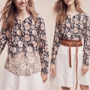 Maeve Anthropologie Orli Bibbed Buttoned Floral Long Sleeve Blouse